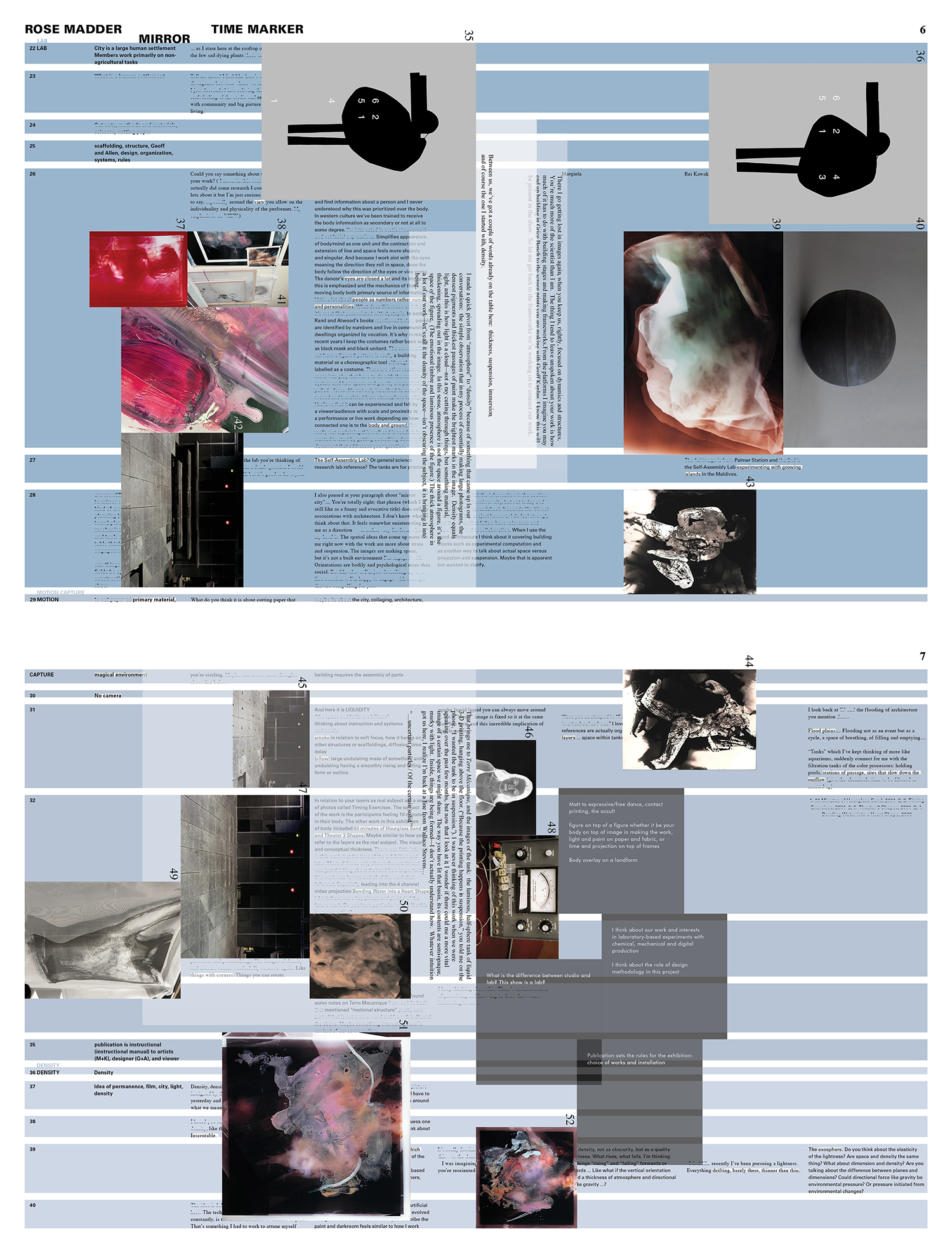 A spread of the catalog with light gray and white stripes in the background and dark gray boxes that contain white type and abstract images placed in unexpected places on the pages