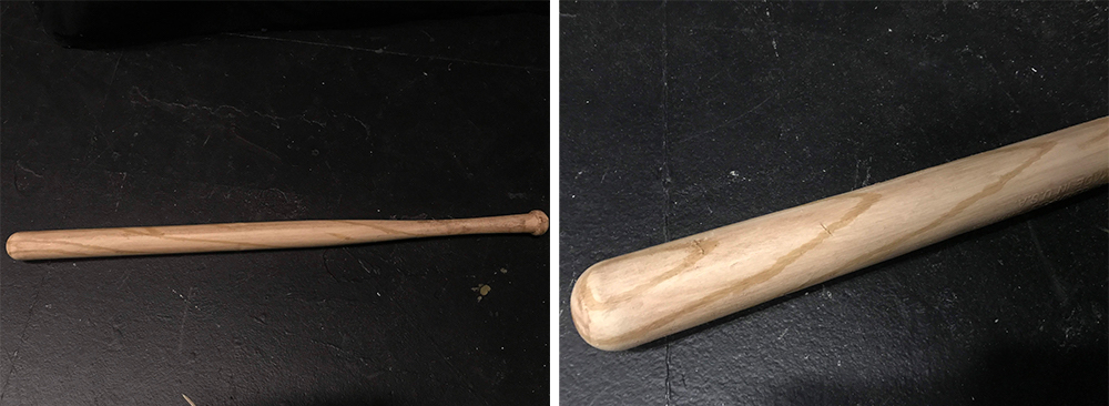 A wooden bat made by Allison Freels '23 (Theater Design & Technology)