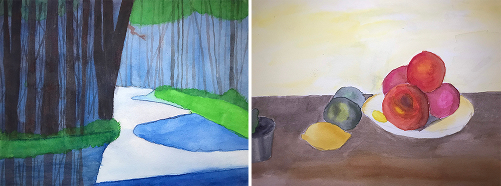Two watercolor paintings by Allison Freels '23 (Theater Design & Technology)