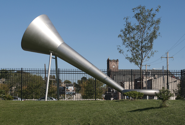 The Assist, a permanent public work commissioned by the Redevelopment Authority of the City of Philadelphia and Chaes Food. The funnel will provide extra water to the tree assisting its growth over time. Stainless Steel and Locust Tree.  18’ x 24’ x 10’ 2011.
