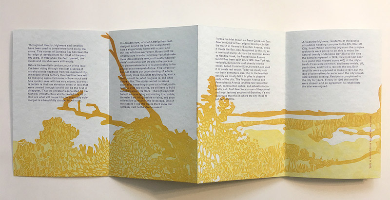"four web" is a book arts printed work by faculty member Sarah Nicholls. It is a folded piece of paper with a yellow print of nature-like scenery. Text is displayed above the print on each fold of the paper.