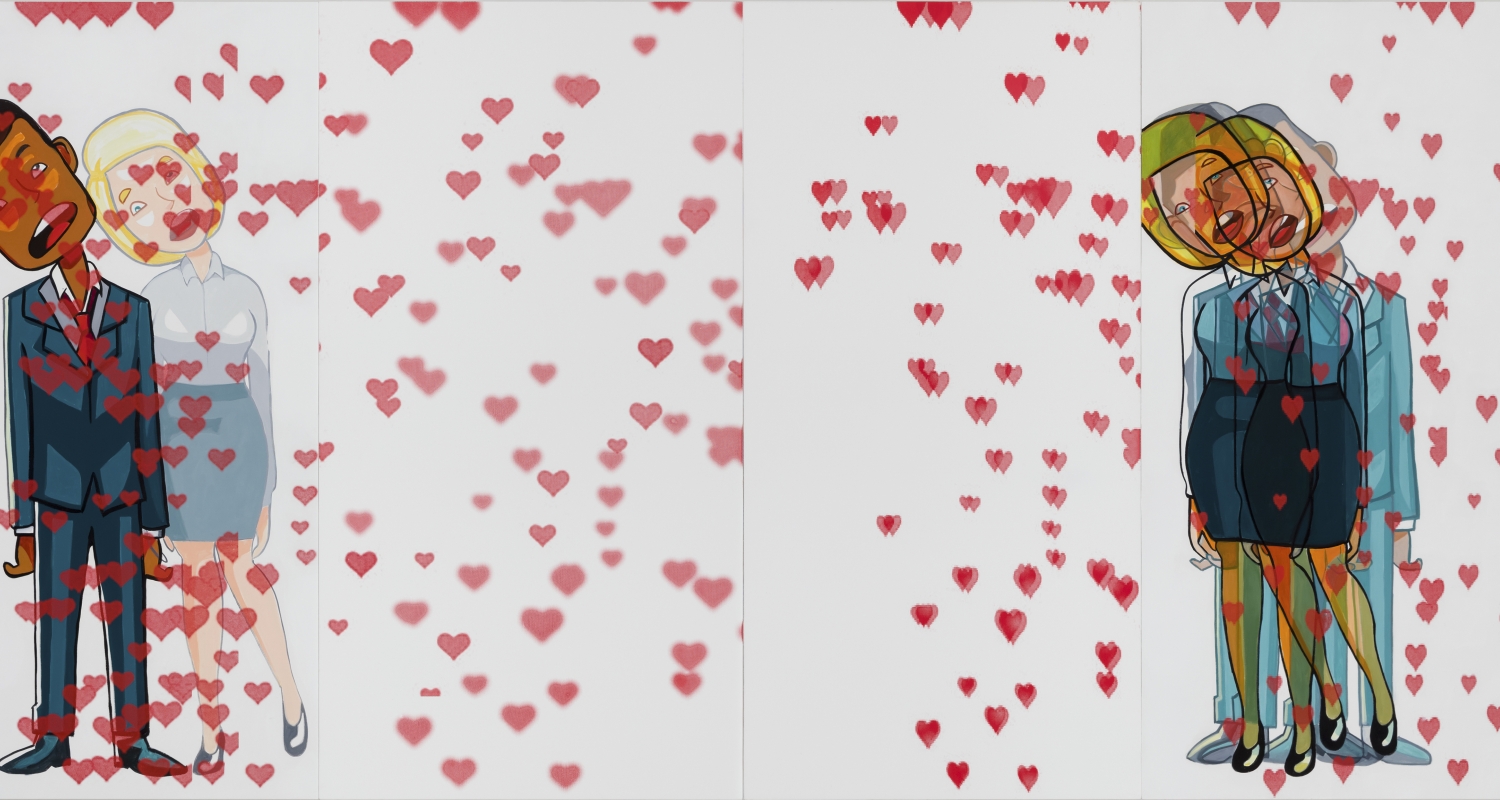 Artwork with repeating small red graphic hearts and two cartoon people overlapping at either end