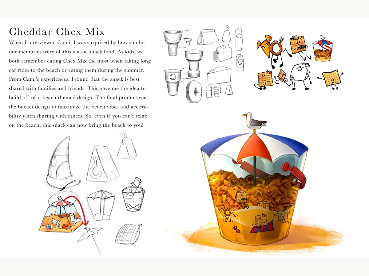 Beatrice Woodward '23, Package Design for Chex Mix. Text reads "Cheddar Chex Mix"
