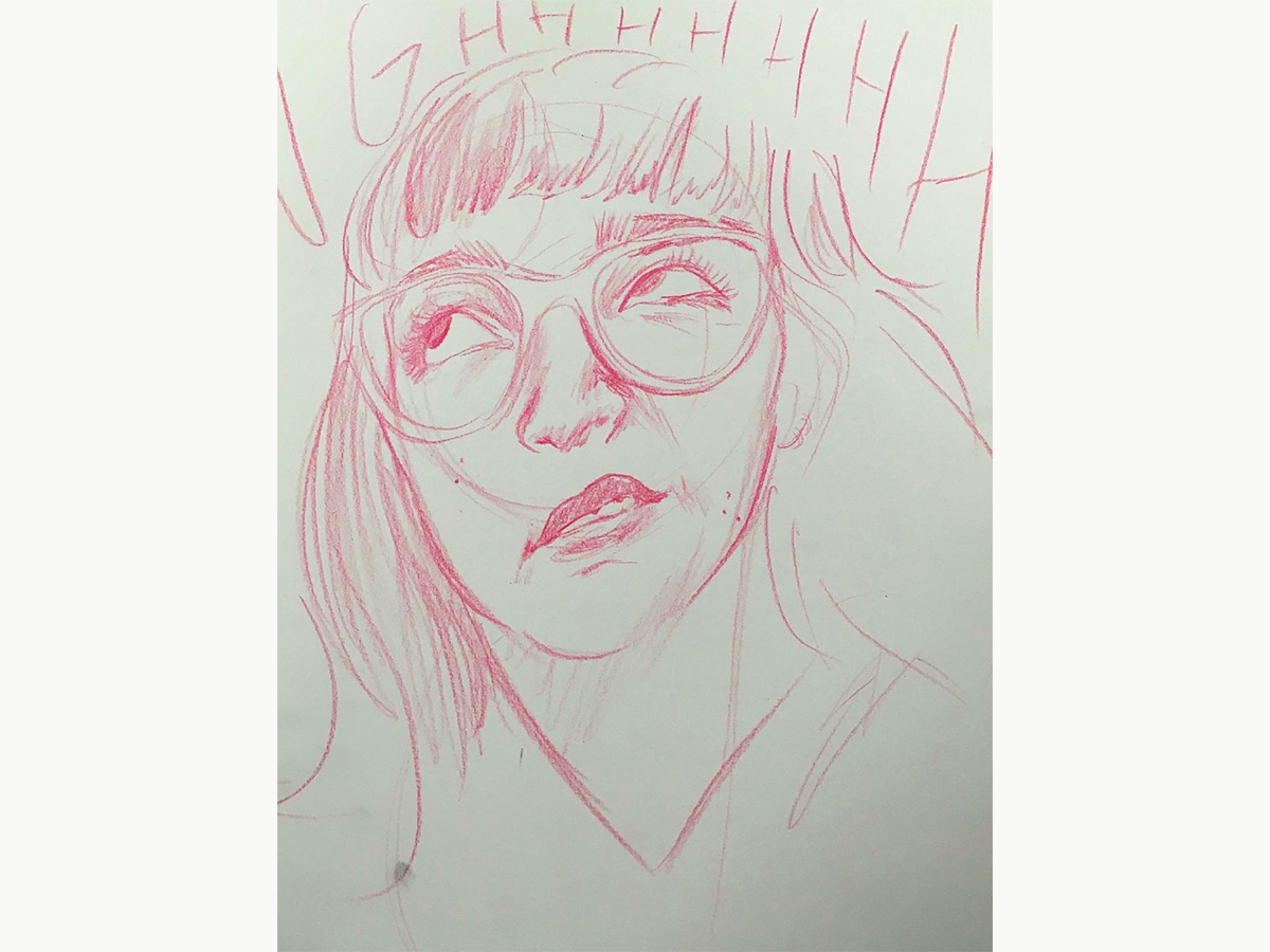 Lucie Mulholland '23, a quick portrait of a person with long hair and glasses with the word AGHHHHHH written above