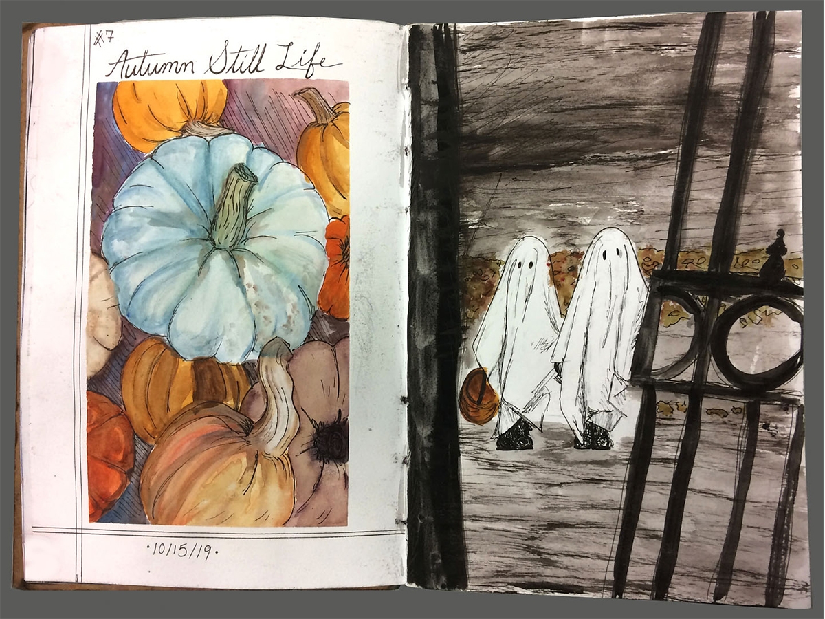 Holly Jansen '23, Sketchbook with one page of pumpkins and another page of two people in ghost costumes