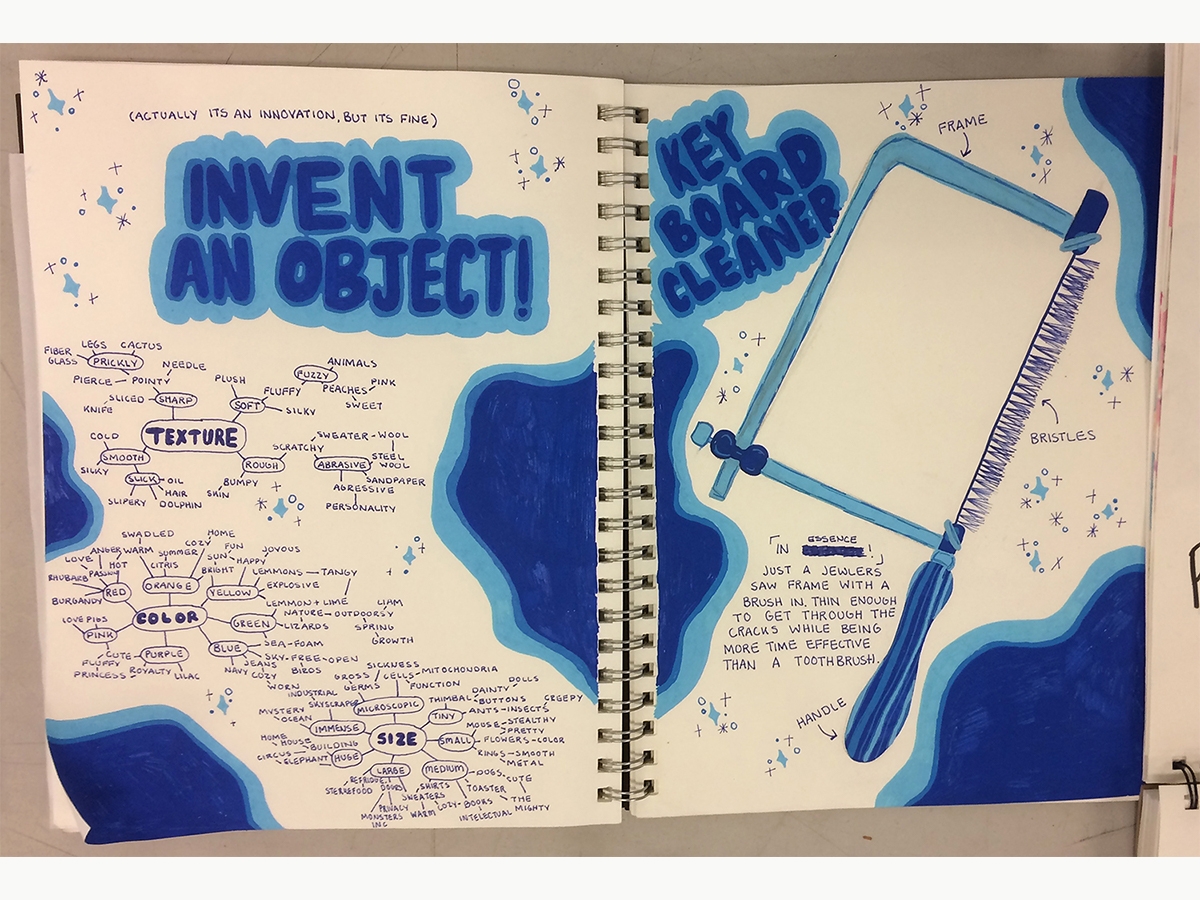 Kayla Klavins '23, Sketchbook of a bubble diagram headed by the words Invent An Object and Key Board Cleaner