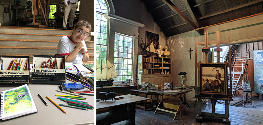 A split image with a photograph of an illustration student on the left and the Wyeth studio on the right.