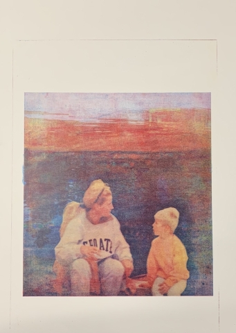 an adult and a child sit next to each other and look at one another in an image rendered with a colored pencil texture