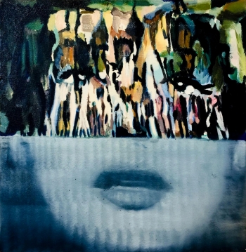 An artwork that is half an image of the bottom of a face of a woman and the top is an abstract painting in green and yellow and brown and blue and black with eyes that line up with the bottom half of the artwork
