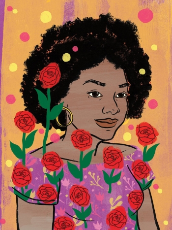 An illustration of a young Black woman surrounded by roses and multicolored dots