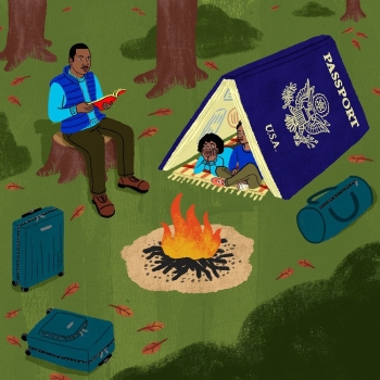 An illustration of an adult sitting on a tree stump in front of a campfire and children in a tent that looks like a passport