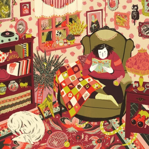 Lizzy O'Donnell's student illustration, woman reading in overstuffed chair in colorful room with sleeping dog