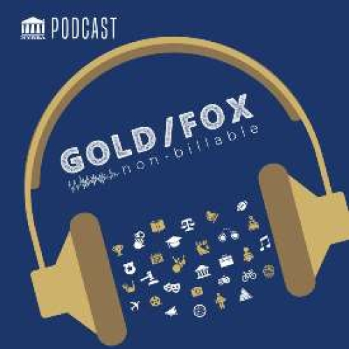 Logo for the Gold/Fox podcast - a pair of gold headphones on a blue background