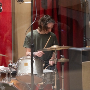 A drummer recording in the Laurie Wagman Recording Studios