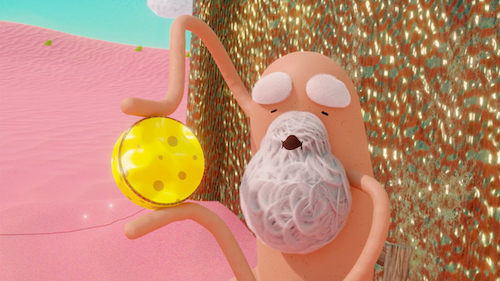 A still from an animation of an older character with a white beard holding a yellow cheese round in front of a gold background.