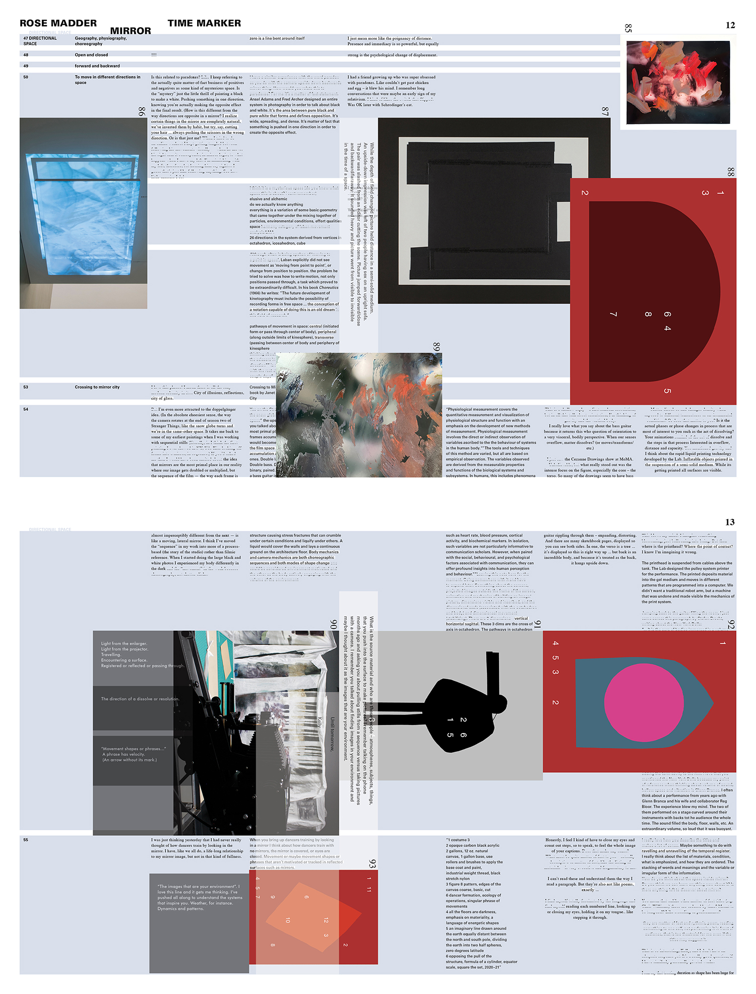 Two spreads of the catalog with lightly colored backgrounds and abstract images and photos and text featured in unexpected places on the pages
