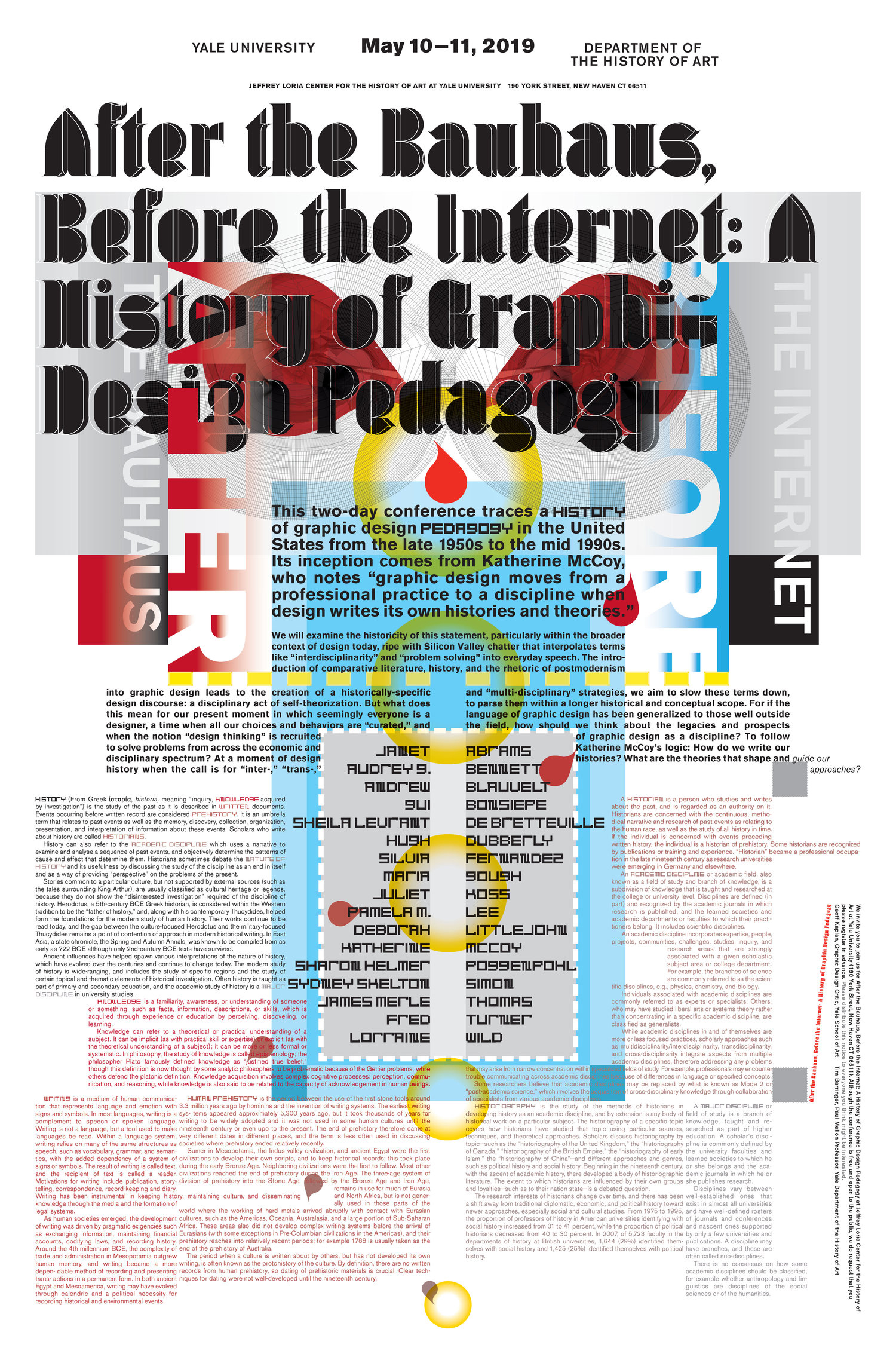 The conference program cover that uses type as a design element as well as blue, yellow, red and black shapes with the conference headline at the top in black type
