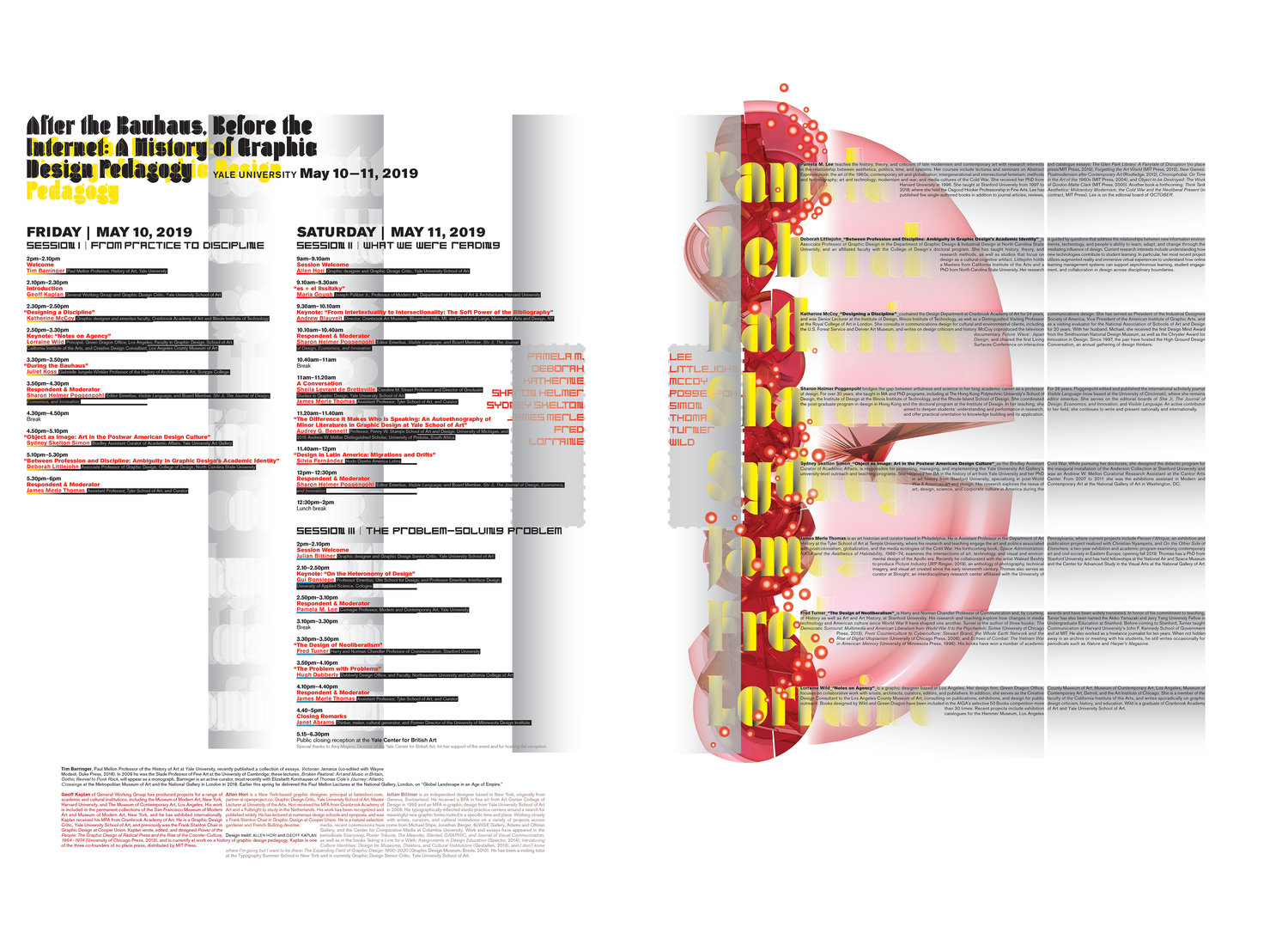 Conference schedule on a white, gray, pink, red and yellow abstract background that uses type as a design element