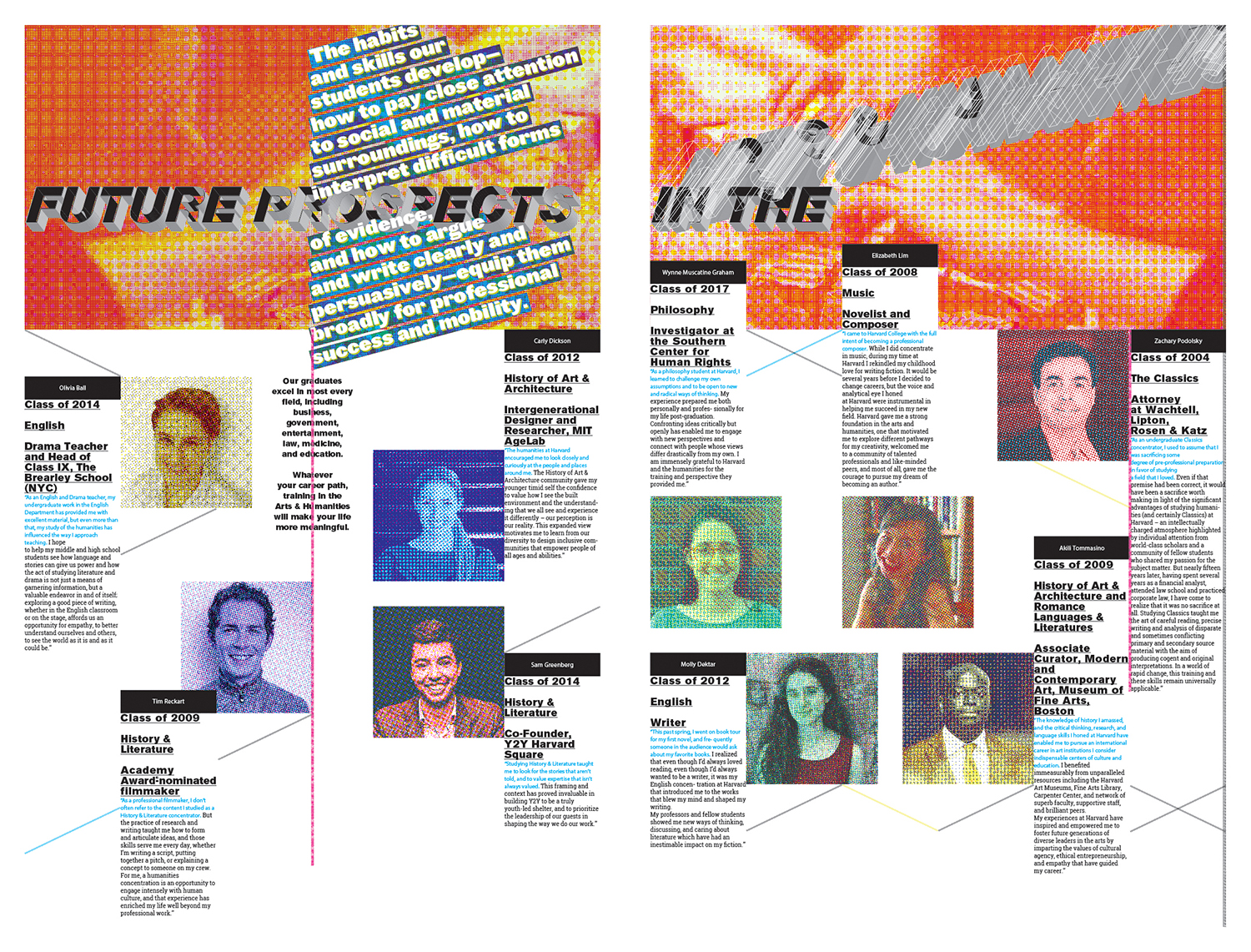 A newspaper spread that uses type in unexpected ways with a half horizontal spread of orange at the top and features portraits of people with filter overlays