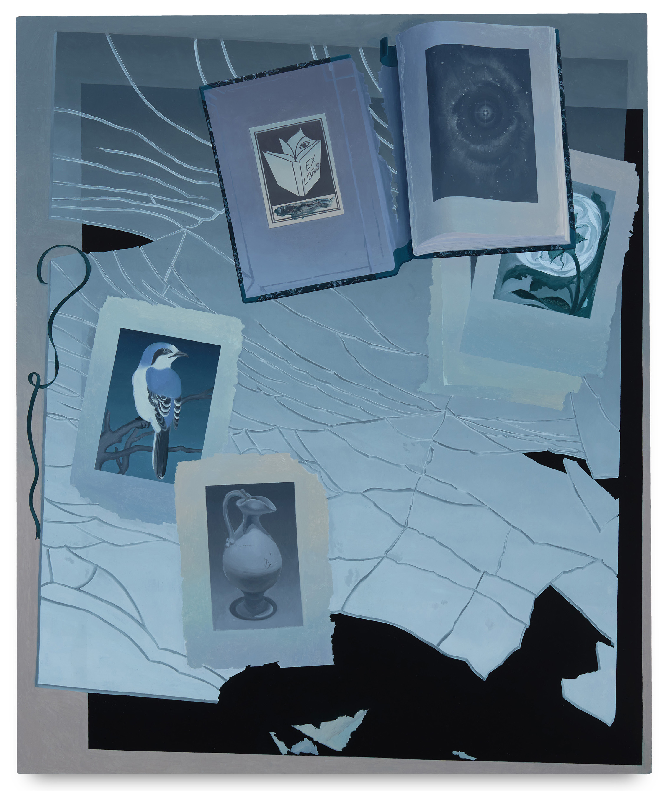 painting by olivia jia, depicting photos of a vase, a bird, a galaxy, a moonlit flower on torn-out book pages laid on a shattered pane of glass. the image is a dusky blue near-monochrome. 