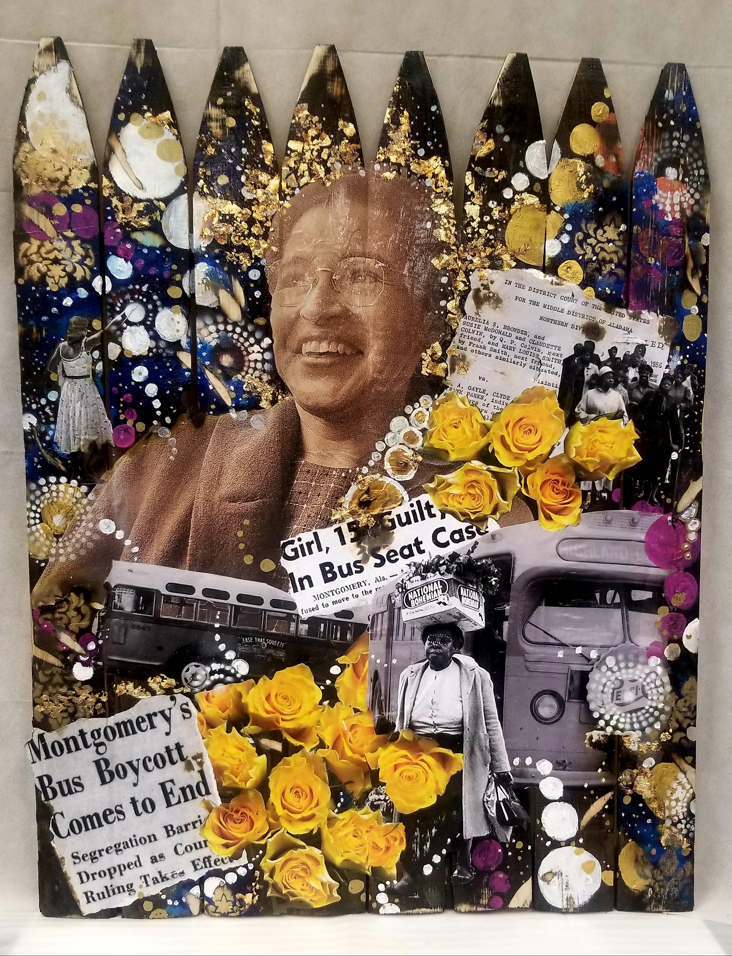 A collage featuring Rosa Parks, flowers, newspaper clipping related to the Montgomery bus boycott.