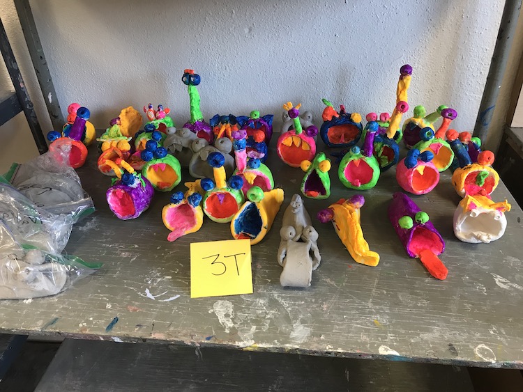 Alejandro's 3rd grade students' work, Taco Fish & Pinch Pot Monsters, ceramics
