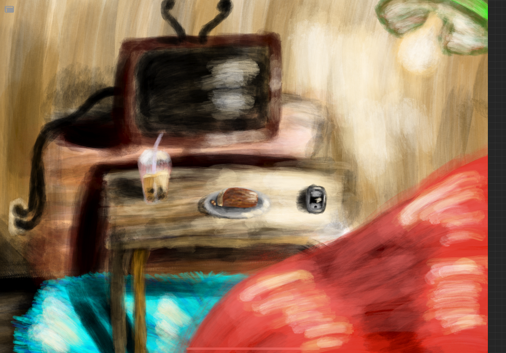 An illustration of a TV and a table in front of it with food and drink on top