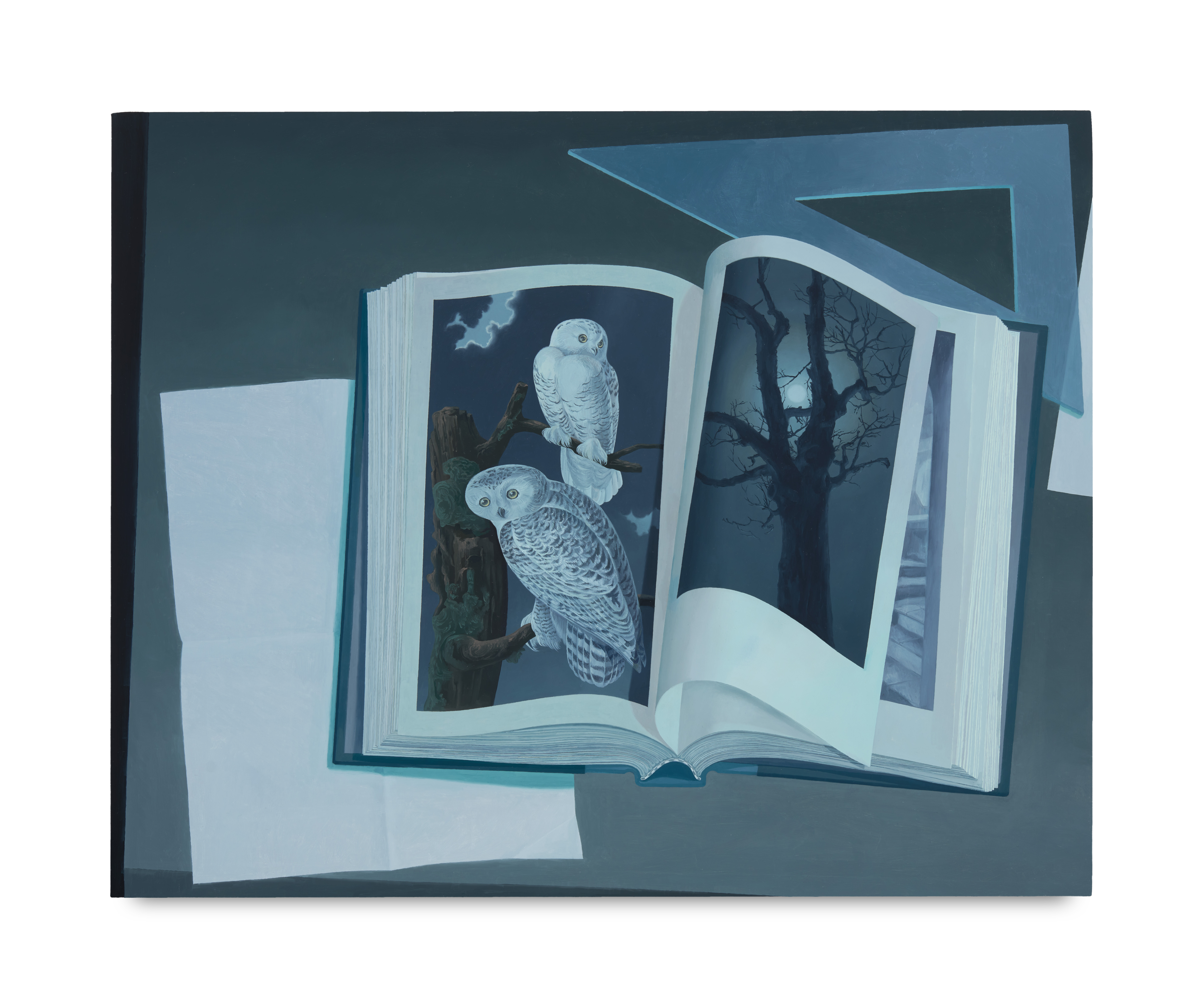 painting by olivia jia depicting an open book on a workplace with a triangle measure and a few loose sheets. the book is open to an image of two white owls on the left page and a silhouette of a tree against a moonlit sky on the right. the image is rendered in dusky dark blue and gray tones