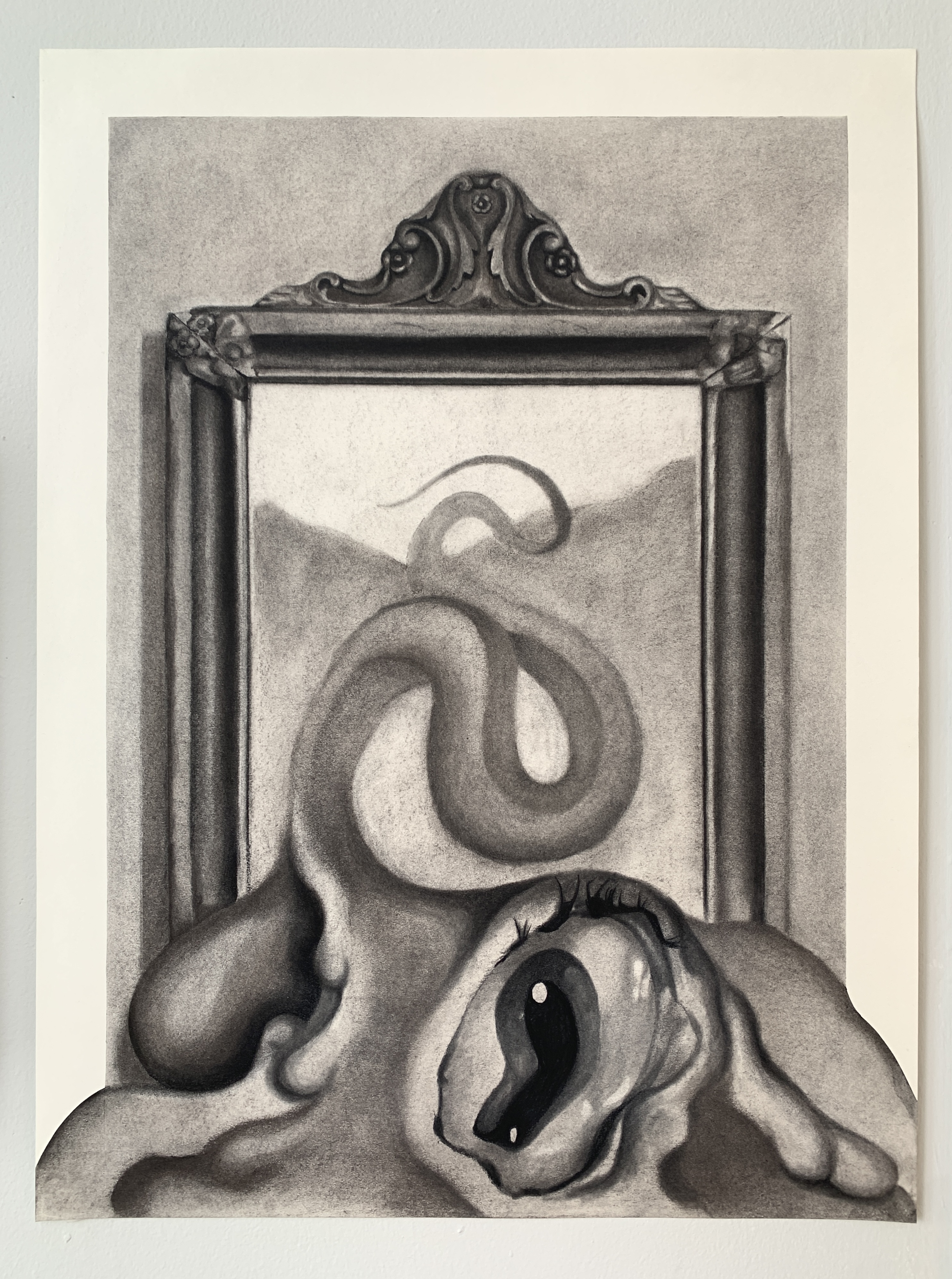 drawing by alexander medlin depicting an amorphous blob with an eye, reading a tentacle deep into a picture frame