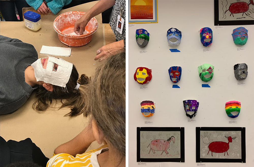 Alejandro's 5th grade students' work, Mask Making Project, plaster strips with water