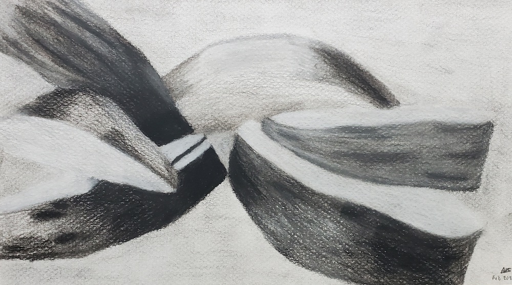 An abstract charcoal drawing of apples in black and white