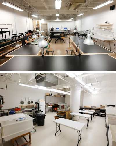 Two photos of the Book Arts & Printmaking studios with tables and tools for bindery and papermaking.