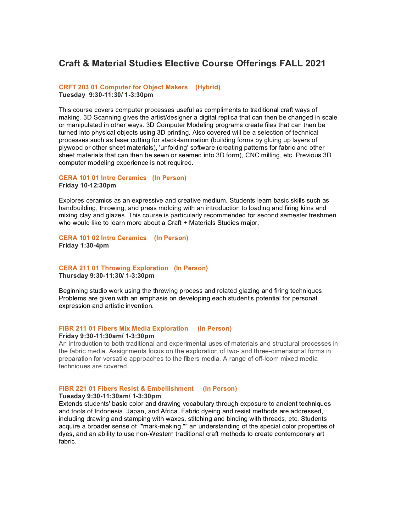 C&MS Fall 2021 Elective Courses