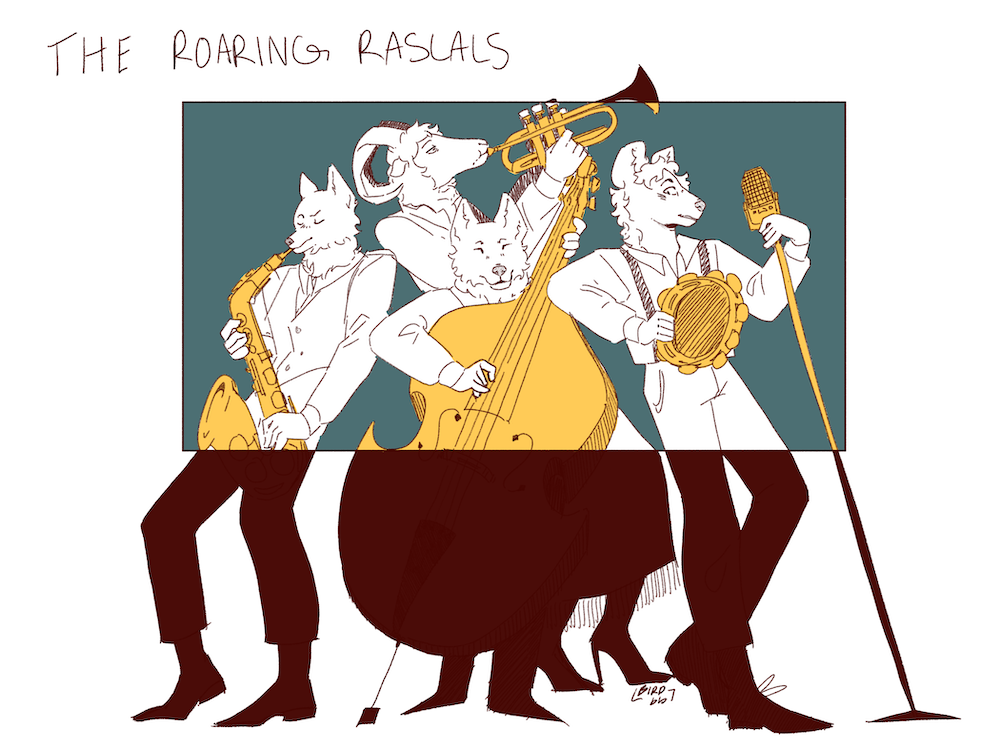 An illustration of cats playing instruments in a jazz ensemble with text that reads The Roaring Rascals