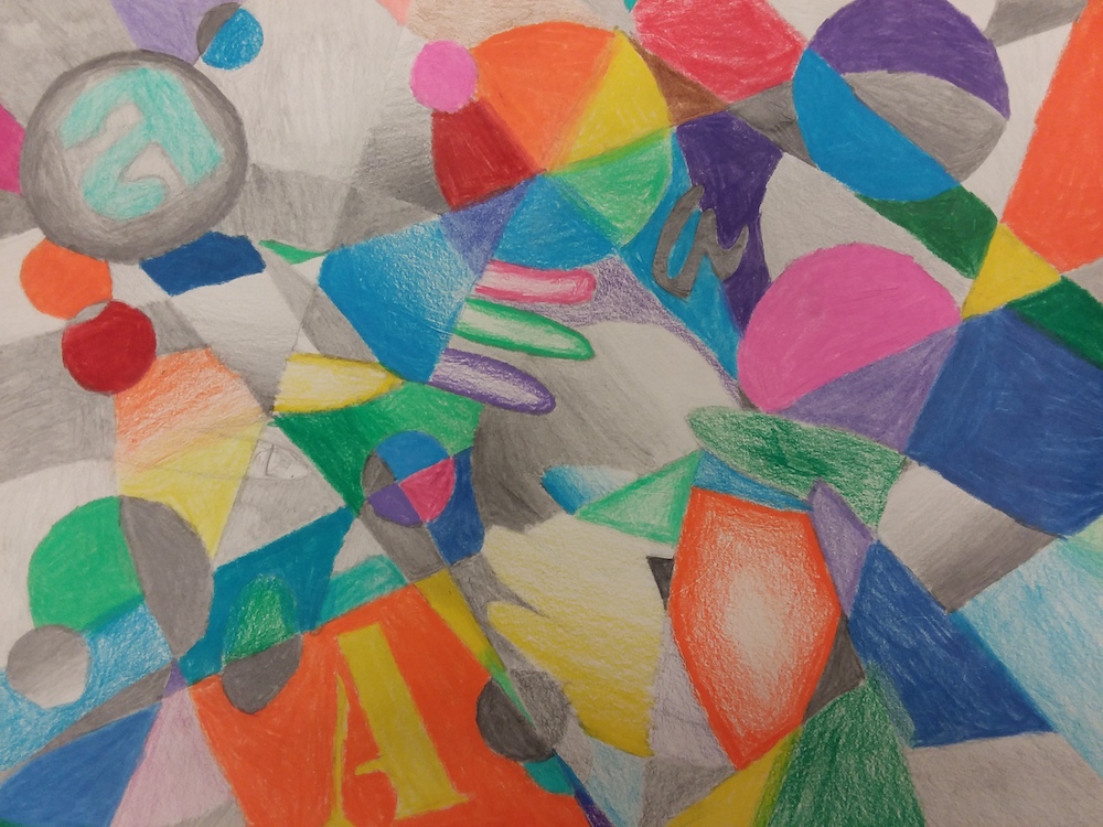 A cubism drawing using bright colors and many shapes