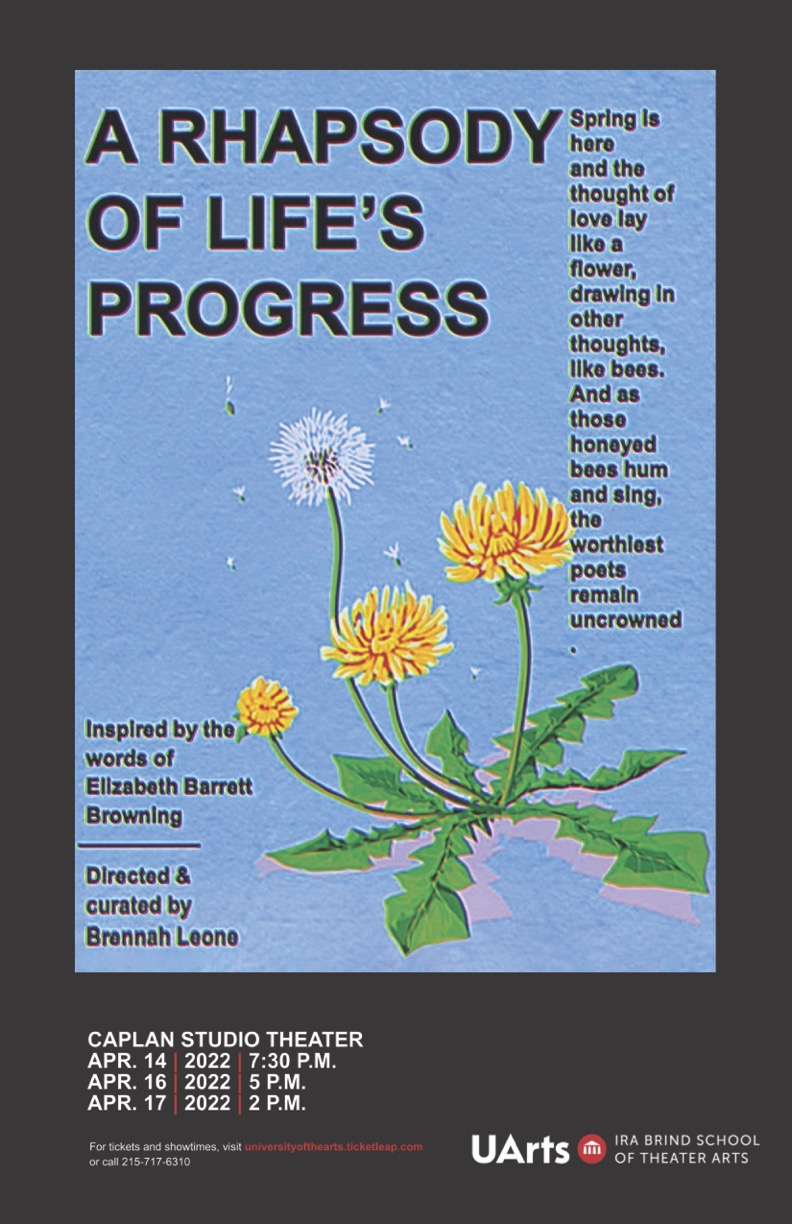 A light blue background with yellow flowers, a white dandelions, and green leaves in the bottom corner. From top to bottom the image reads "A Rhapsody of Life's Progress", "Spring is here and the thought of love lay like a flower, drawing in other thoughts, like bees. And as those honeyed bees hum and sing, the worthiest poets remain uncrowned.", "Inspired by the words of Elizabeth Barrett Browning, Directed & Curated by Brennah Leone." 