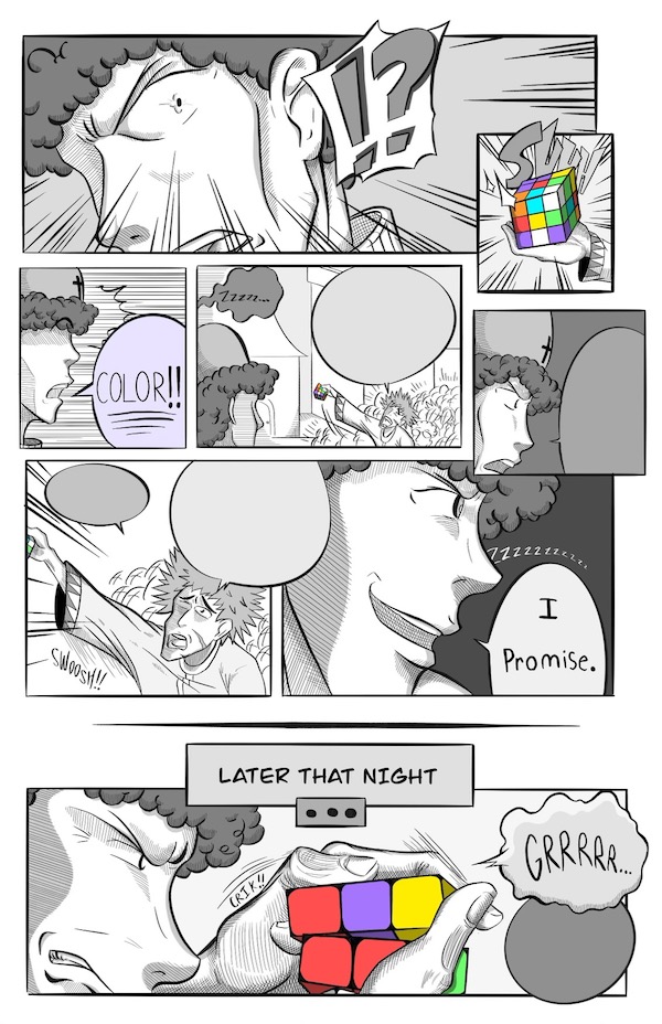 A black and white comic of a person solving a rubik's cube in color.