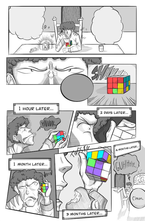 A black and white comic of a person solving a rubik's cube in color, but they never solve it
