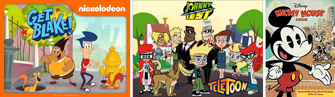 Three TV show posters for "Get Blake", "Johnny Test" and "Mickey Mouse"