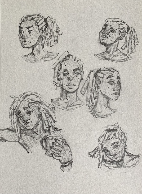 A figure drawing of a person with braids in multiple poses