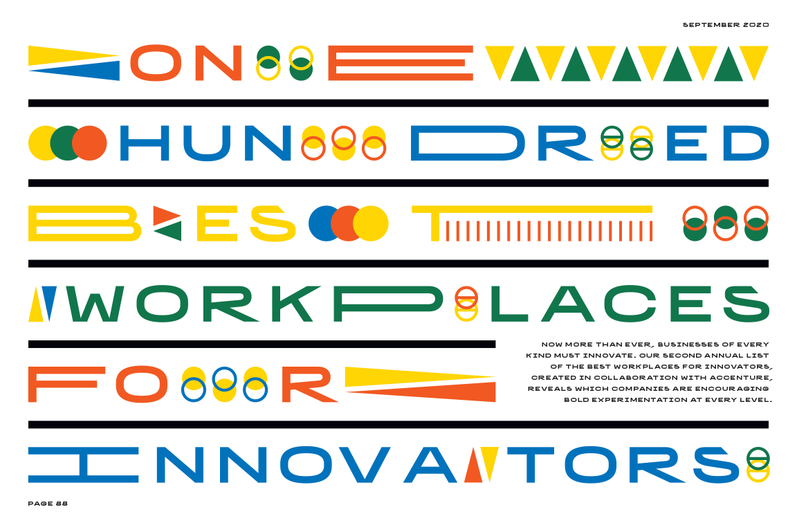 Graphic design text in orange yellow green and blue saying One Hundred Best Workplaces for Innovators