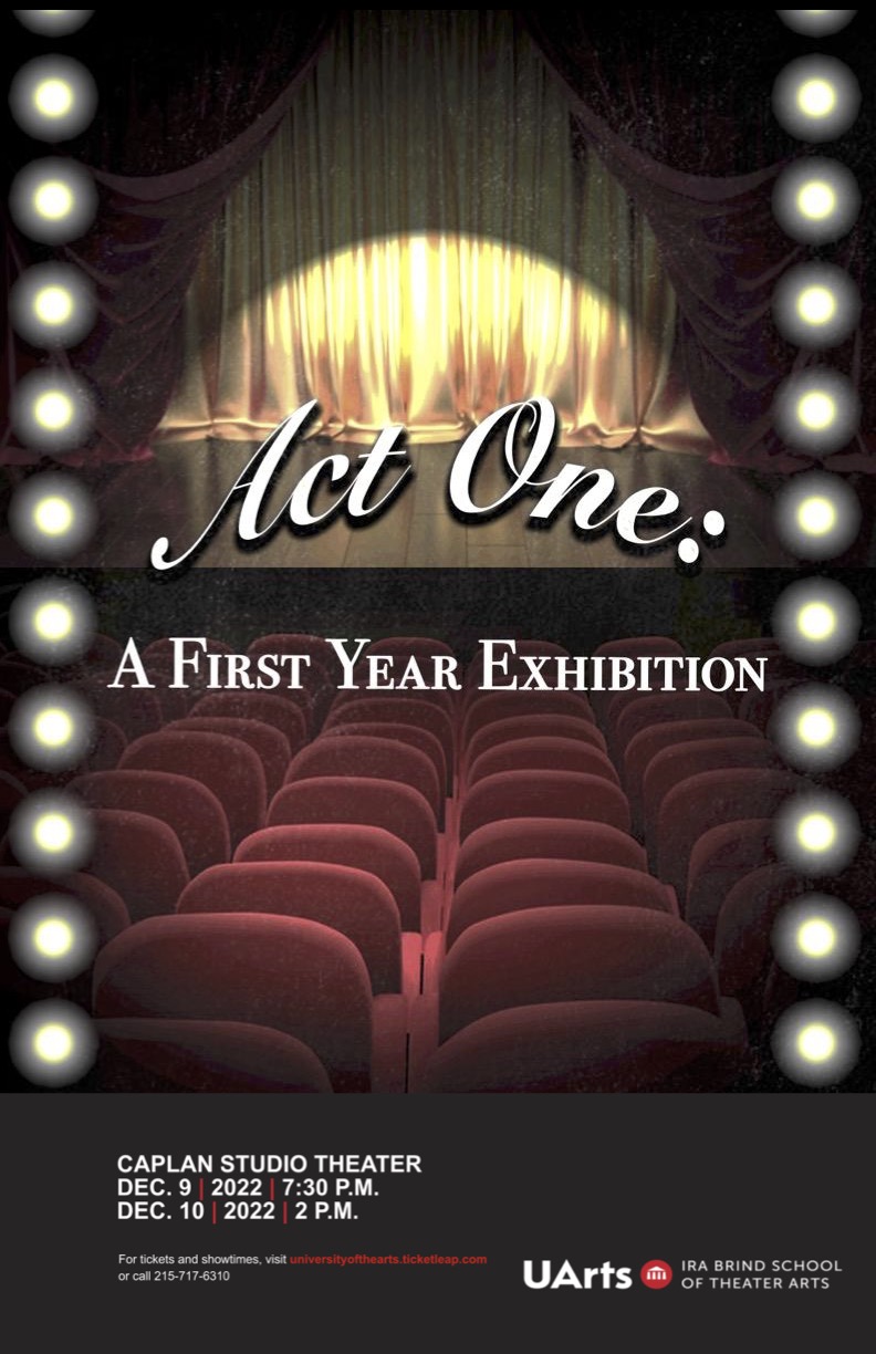 An empty auditorium with red seats, looking at a black stage. The stage has a spotlight in the center and both gold and red curtains hanging. In the spotlight reads “Act One: A First Year Exhibition”. 