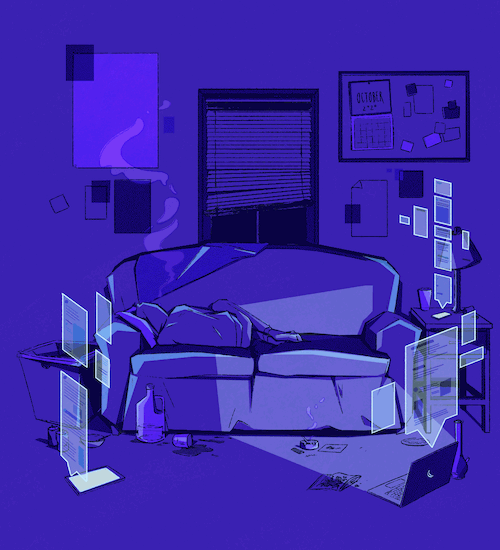 A GIF of a person sleeping on a couch with multiple notifications going off on different devices illustrated by Lexi Hagelgans