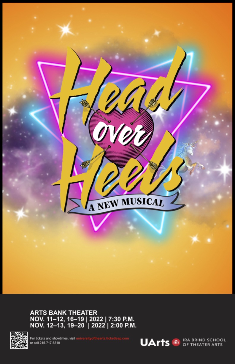 An orange and yellow glowing background with stars and a purple cloud in the middle. In the foreground, neon pink and blue triangles overlap. In the front it says "Head Over Heels A New Musical". "Over" is written inside a pink heart with arrows through it. 