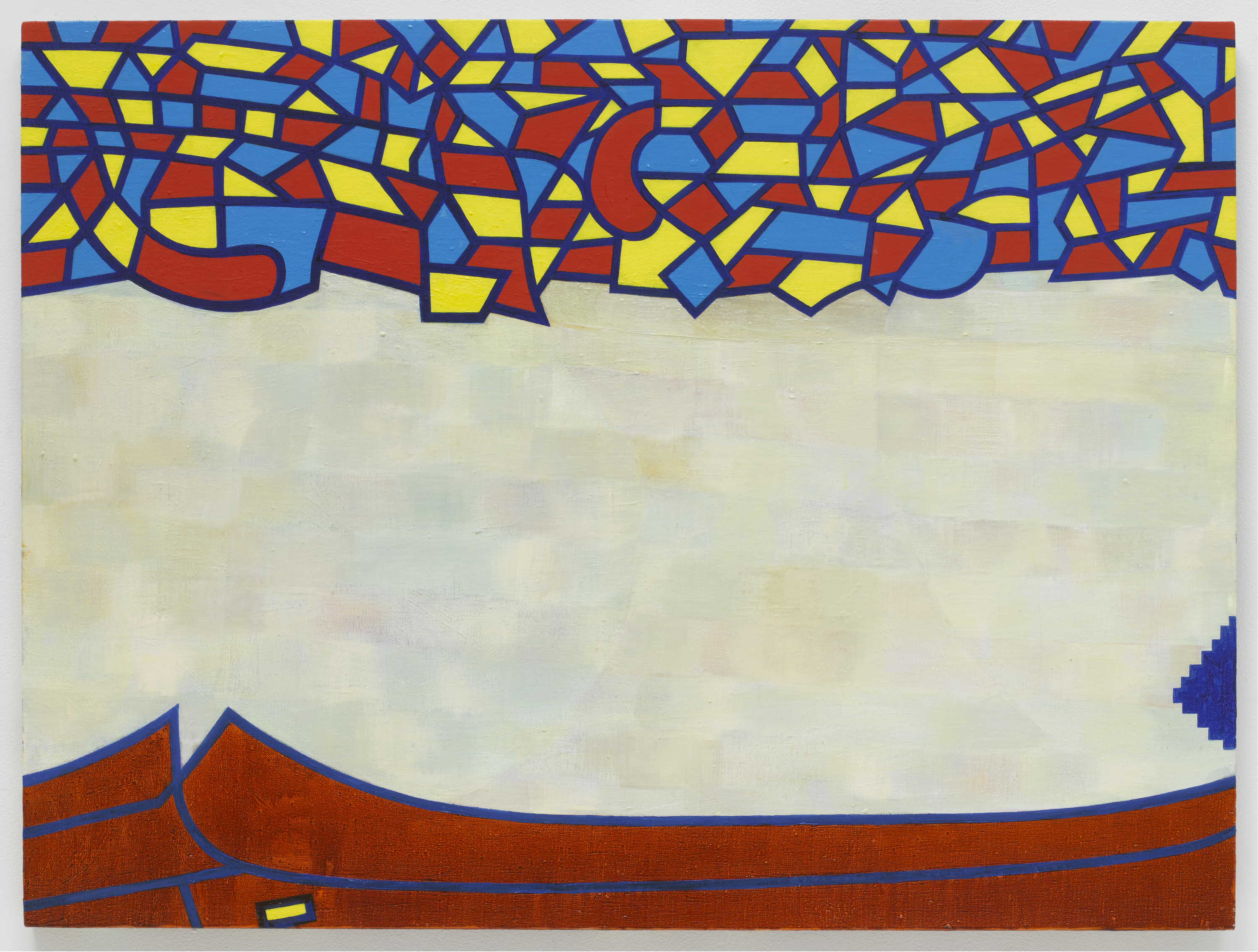 Image showing a painting with bright geometric patterns at the top and the bottom with a subtle geometric pattern in-between