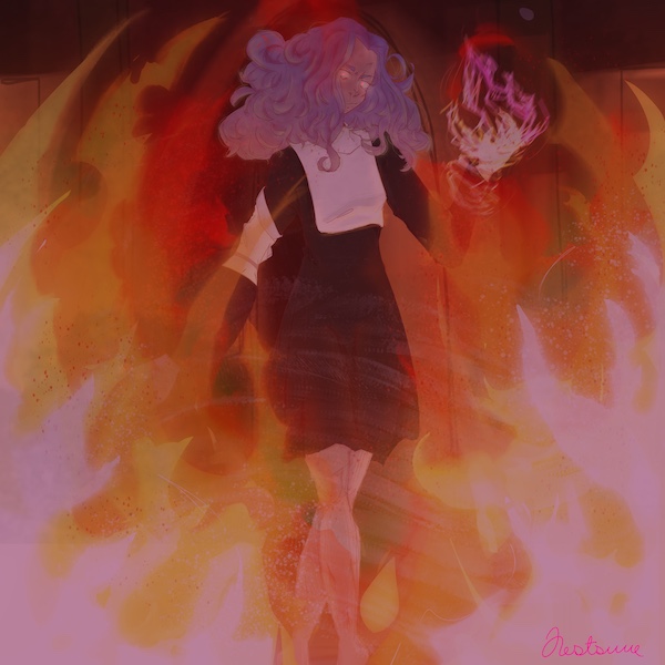 An illustration of a feminine figure with long lavender hair and glowing walking through fire.