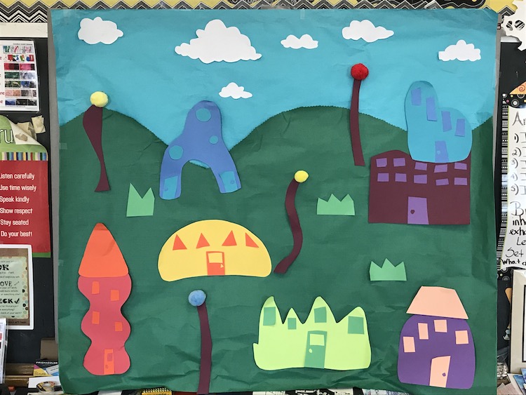 Alejandro's Kindergarten students work, Dr. Seuss Inspired Mural (Cut-Paper)
