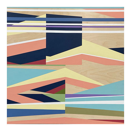An abstract work of painted lines and triangular and square shapes on wood using navy blue peach light yellow white aqua purple and red