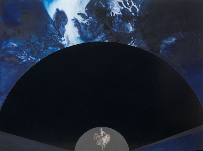 Artwork with a black fan spread out through middle with a marveled blue pattern above and a tiny figure in white below