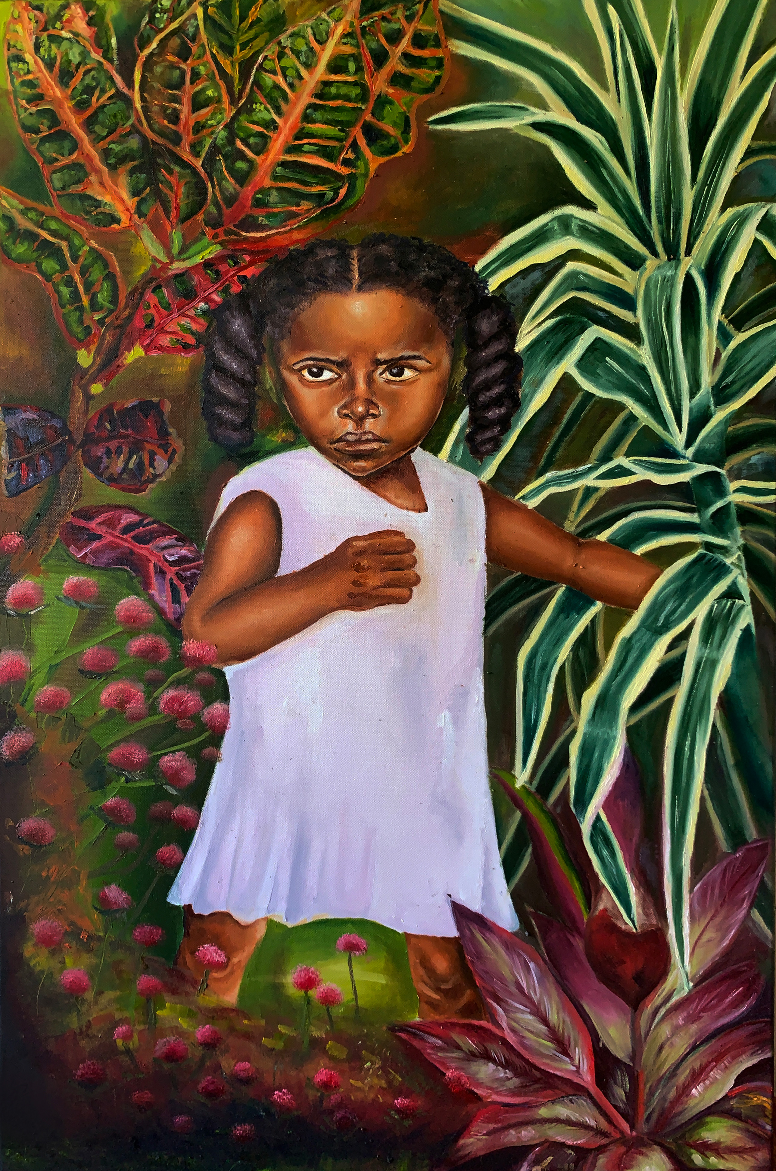 painting by Keshawna Logan depicting a stern looking child in a leafy garden
